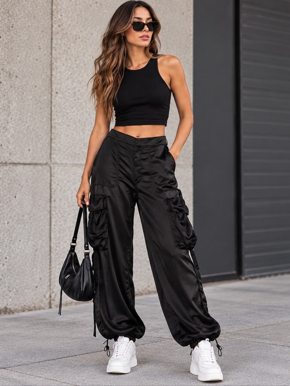 Zara Black Satin Effect Cargo Pants High-waisted Wide-leg Toggle Cord Hem XL
